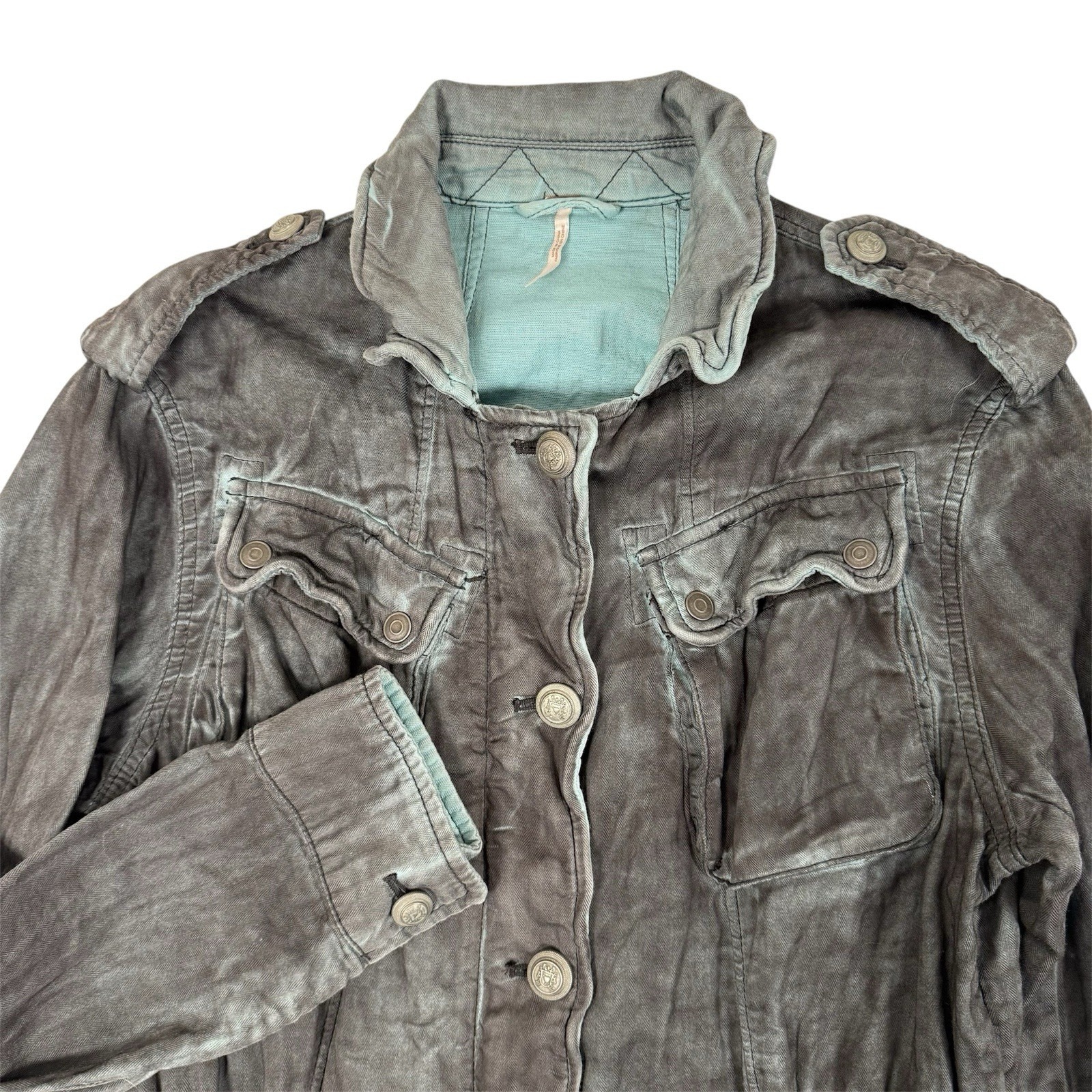 Free People Military Jacket Womens Xs Gray Blue Double Cloth Utility Coat